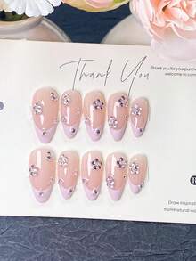 10 Peças Unhas Postiças Feitas à Mão, Unhas Curtas de Tom de Pele Nude de Verão com Pontas Francesas de Lavanda Suave, Decoradas com Acentos Florais de Cristal de Strass Roxo e Rosa, Adequadas para Uso Diário, Encontros e Ocasiões de Casamento - Rosa chiclete - Visão 12