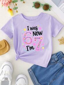 Creative And Sweet T-Shirt For Girls WML With Cartoon Print Of The Number 67 - Purple - View 2