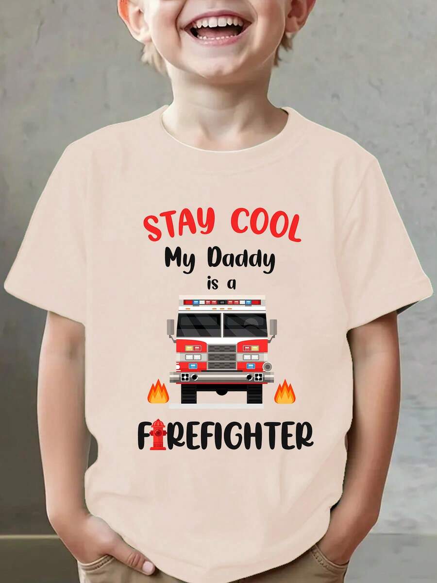 Summer Fashion Short Sleeve T-Shirt For Kids "STAY COOL My Daddy Is A FIREFIGHTER" With Fire Truck Cartoon Print, Casual Outdoor Top NY-DX9673 - 卡其色 - 查看 1