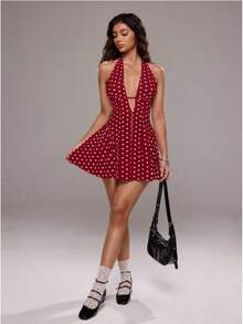 Women's Short Dress With Deep V-Neck And Open Back, Polka Dot Print, Vacation Style, For Summer - 紅色 - 查看 6