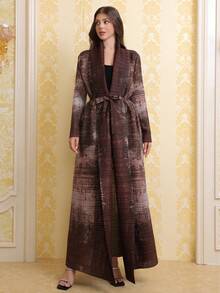 Middle Eastern Brown Printed Pleated Robe, Dubai-Style Elegant Plus-Size Coat, Arabian Women's Cardigan, Kafta (Exclusive Style). Z502 Vacation Fall - Brown - View 9