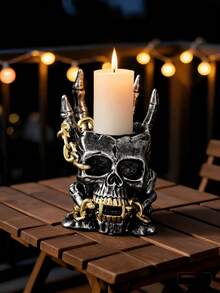 1pc Gothic Skeleton Candle Holder, Bone Hand Flame Illusion, Chain And Horn Details, Spooky Home Decor, Halloween Party Tabletop Centerpiece, Punk Rock Style Ornament - A - View 1