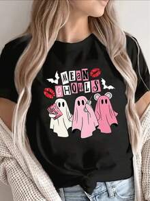 1 paquete de camisetas de manga corta de poliéster negro, decoradas con motivos de fantasmas, con un divertido diseño temático de Halloween, adecuadas para uso casual en casa o como atuendo - Negro - Ver 1