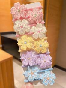 10pcs Girls Colorful Fabric Flower Hair Scrunchies, Pink Yellow Purple Blue Dopamine Color Floral Hairbands, Exquisite Floral Pattern Headbands, Cute Multi-Functional Hair Accessories, Suitable For Girls Daily Wear And Party, Perfect Gift - Multicolor - View 2