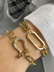 3pcs/2pcs/1pc Elegant Luxurious Horseshoe-Shaped Oval Buckle Women's Bracelet, High-End Vintage Style, Perfect Holiday Gift - Gold - View 6