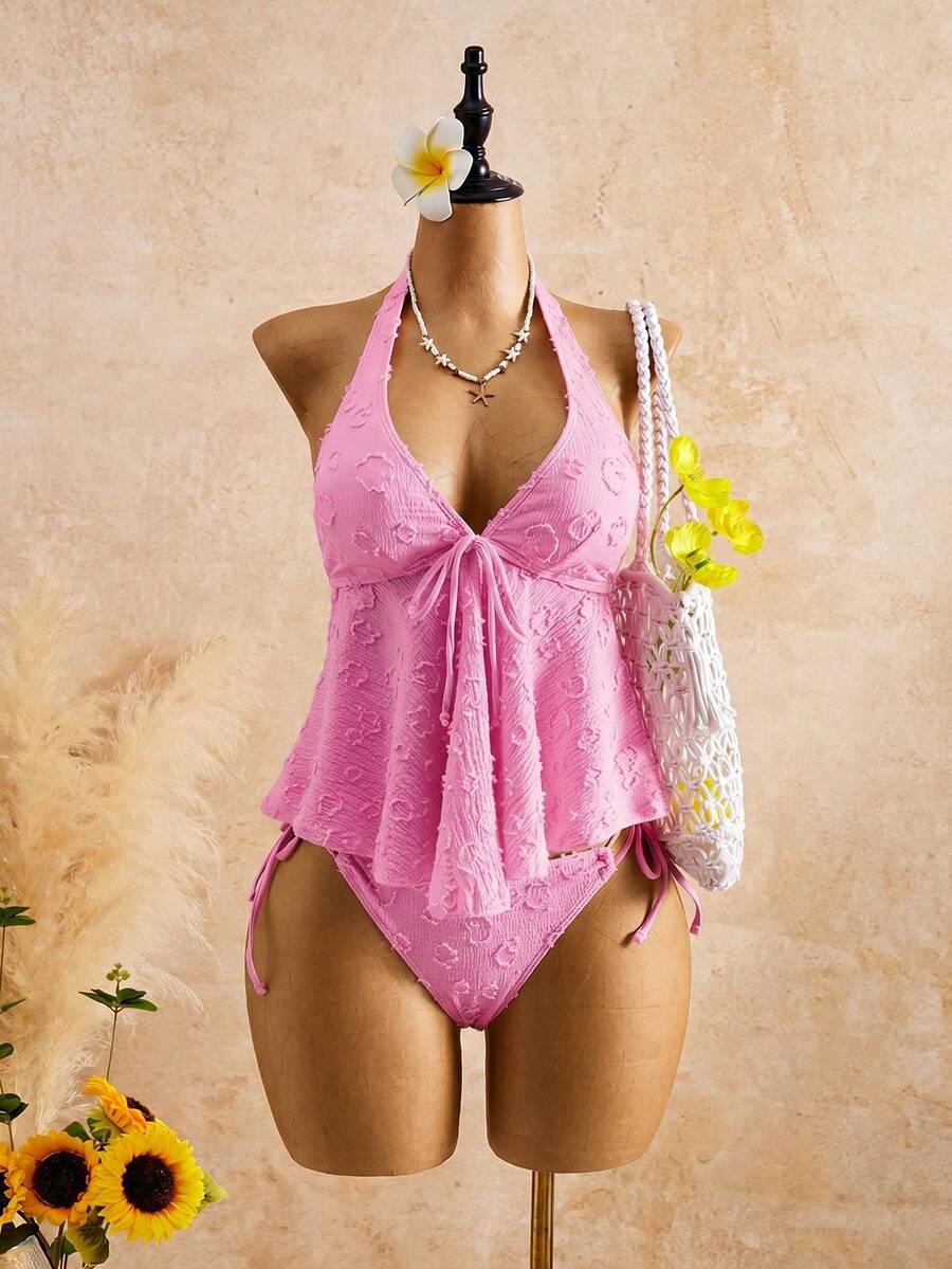 Women's Halter Neck Ruffle Lace Bikini Set: Flattering Two-Piece Swimsuit For Hot Springs - Hot Pink - View 1