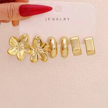 1 Set 9 Pairs/3 Pairs Gold Floral Textured Earrings Multi-Piece Pack, Vintage Geometric Hoop Earrings Set, Women's Fashion Jewelry - Yellow Gold - View 4