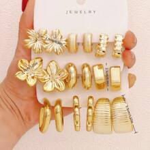 1 Set 9 Pairs/3 Pairs Gold Floral Textured Earrings Multi-Piece Pack, Vintage Geometric Hoop Earrings Set, Women's Fashion Jewelry - Yellow Gold - View 5