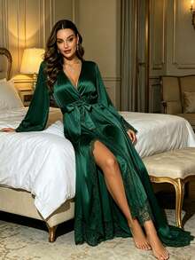 QING ROU 1pc Women's Elegant Satin Open Front Long Robe, Silky & Comfortable, Sexy V-Neck, Solid Color, Lightweight, Home Sleepwear, Bathrobe, Pajamas, Adult, Bridal Morning Robe, Bridesmaid Morning Robe, Suitable For All Seasons, Includes Waist Tie For Women's Home Use - Army Green - View 4