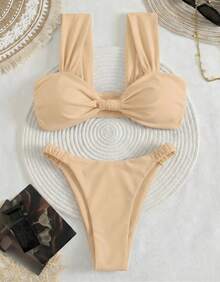 Women's Bikini With Thick Straps, Ruched Detail, High-Cut Bottom, Beachwear, Summer Style - Nude - View 4