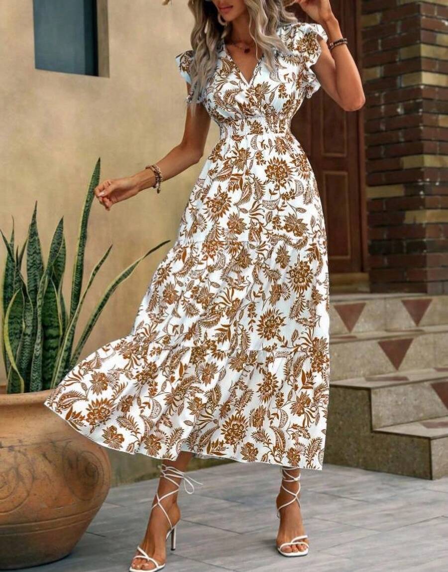 Maxivestido estampado de estilo bohemio para mujer – Diseño elegante con cuello en V y ajuste en la cintura - Marrón - Ver 1