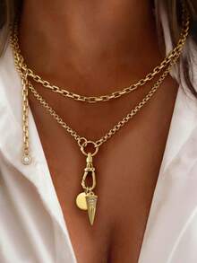 2PCS Gold Lobster Clasp Buckle With Round Pendant Necklace Set ,Luxury White Diamond Pendant Chain Set,Stainless Steel,For Ladies' Daily Work Decor - Multicolor - View 1