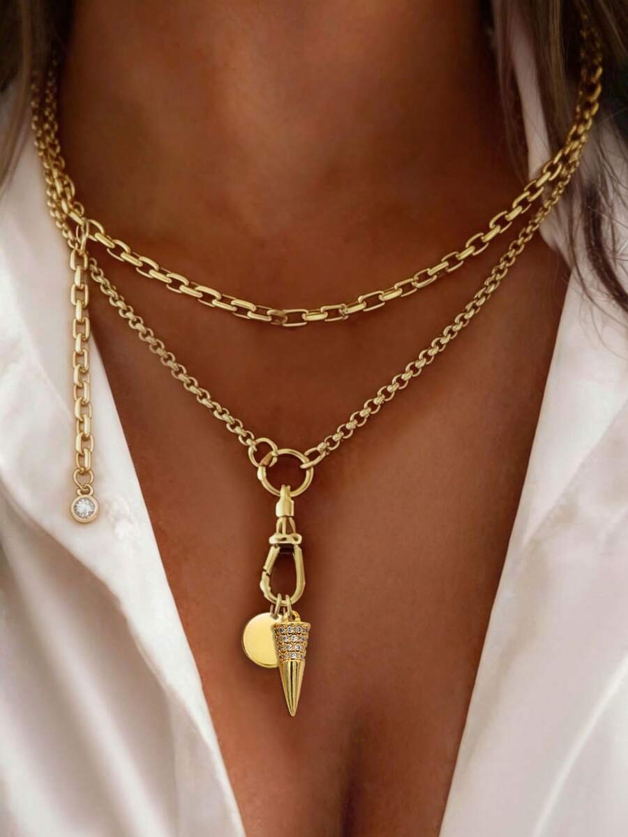 2PCS Gold Lobster Clasp Buckle With Round Pendant Necklace Set ,Luxury White Diamond Pendant Chain Set,Stainless Steel,For Ladies' Daily Work Decor - Multicolor - View 1