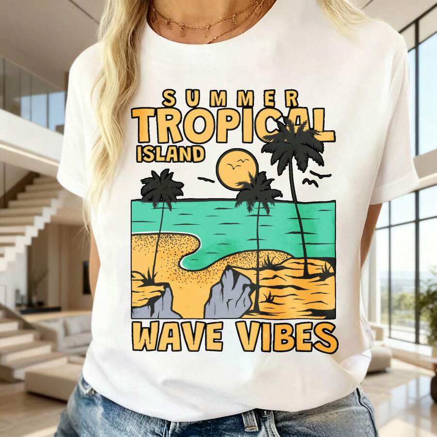 Mujer, Estilo Veraniego, Impresión Tropical con Palmeras y Playa, Camiseta de Manga Corta, Cuello Redondo, Ideal para Vacaciones de Verano - Blanco - Ver 1