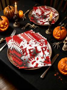 40pcs Halloween "HELP" Bloody Handprint Disposable Napkins, Disposable Paper Napkins With Bloody Handprints And Footprints, Halloween Horror Atmosphere Table Decor Suitable For Party Decoration, Halloween Decoration, Table Decoration, Halloween Christmas, New Year Decoration - Multicolor - View 2