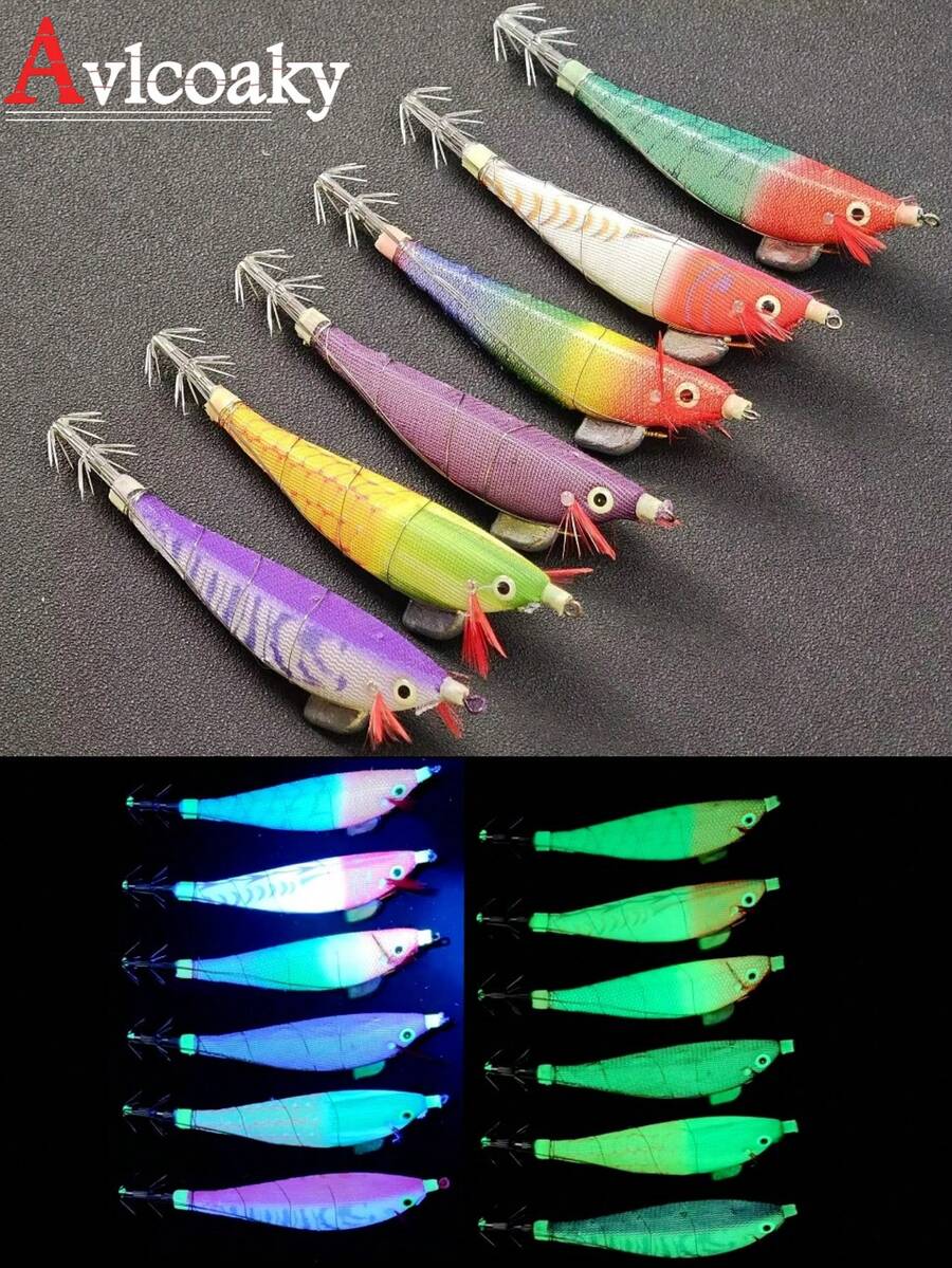 Avlcoaky 5pcs Horizontal Squid Jig Egi Set 11.8cm Luminous Wood Shrimp Fishing Lures UV Sea Cuttlefish Octopus Saltwater Shrimp Jigs - Multicolor - View 1