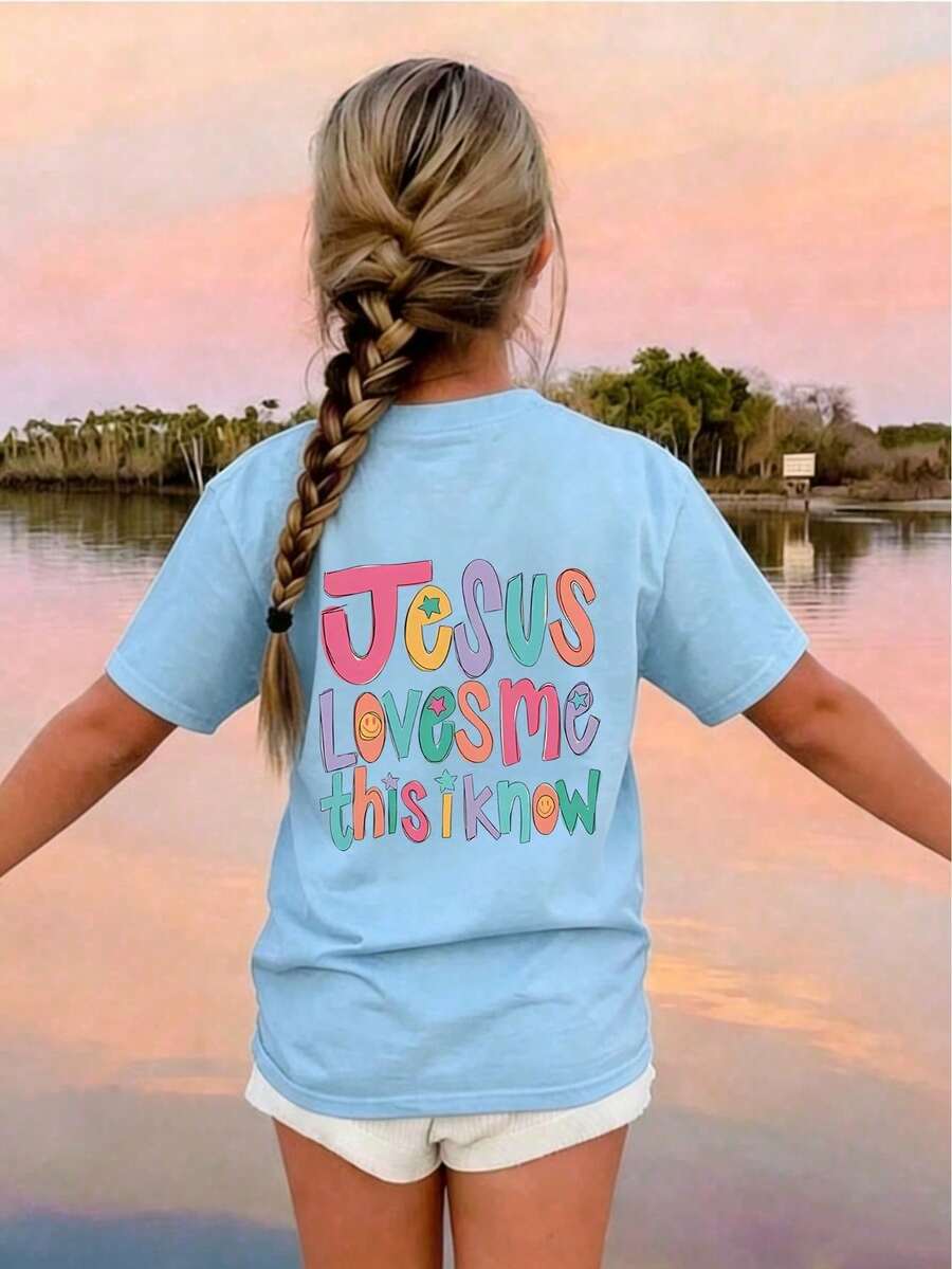 Girls' Round Neck T-Shirt With "Jesus Loves Me" Print, Summer Top - Grey - View 1