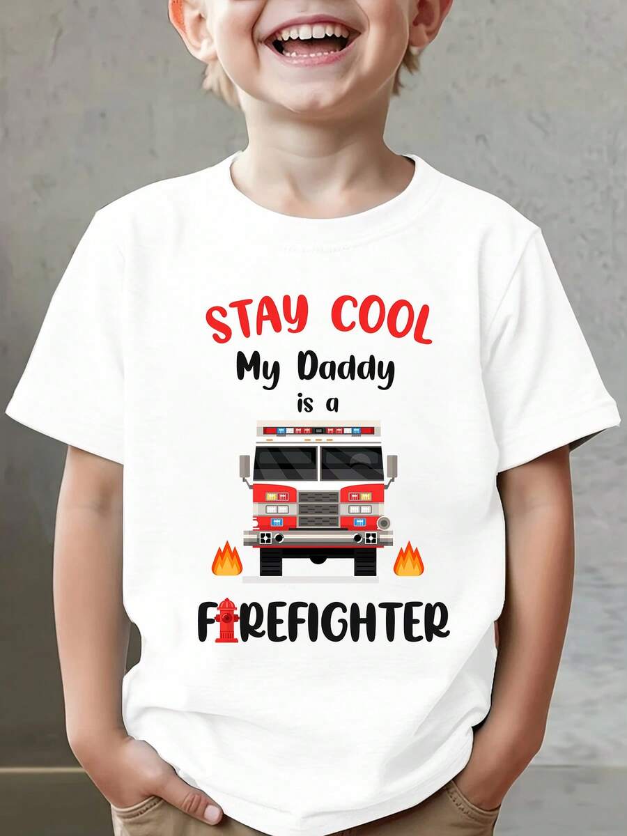 Summer Fashion Short Sleeve T-Shirt For Kids "STAY COOL My Daddy Is A FIREFIGHTER" With Fire Truck Cartoon Print, Casual Outdoor Top NY-DX9673 - 白色 - 查看 1