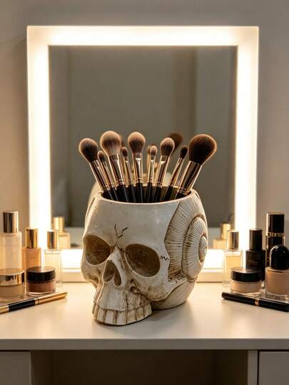 1pc Skull Makeup Brush Holder, Creative Vanity Decor Makeup Brush Organizer, Unique Skull Design Desktop Storage Box, Suitable For Bathroom And Bedroom
