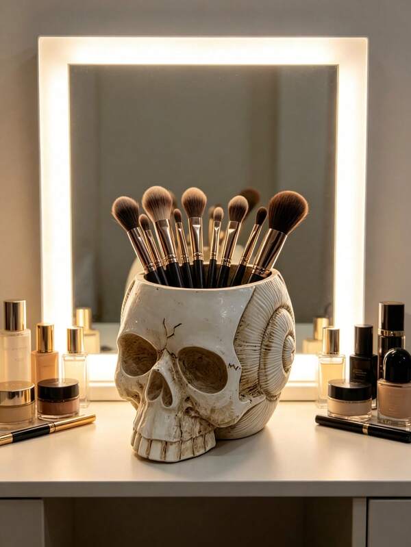 1pc Skull Makeup Brush Holder, Creative Vanity Decor Makeup Brush Organizer, Unique Skull Design Desktop Storage Box, Suitable For Bathroom And Bedroom