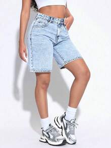 PETITE Short bermuda de mezclilla para mujer, de corte holgado y casual, con bolsillos - Verde militar - Ver 5