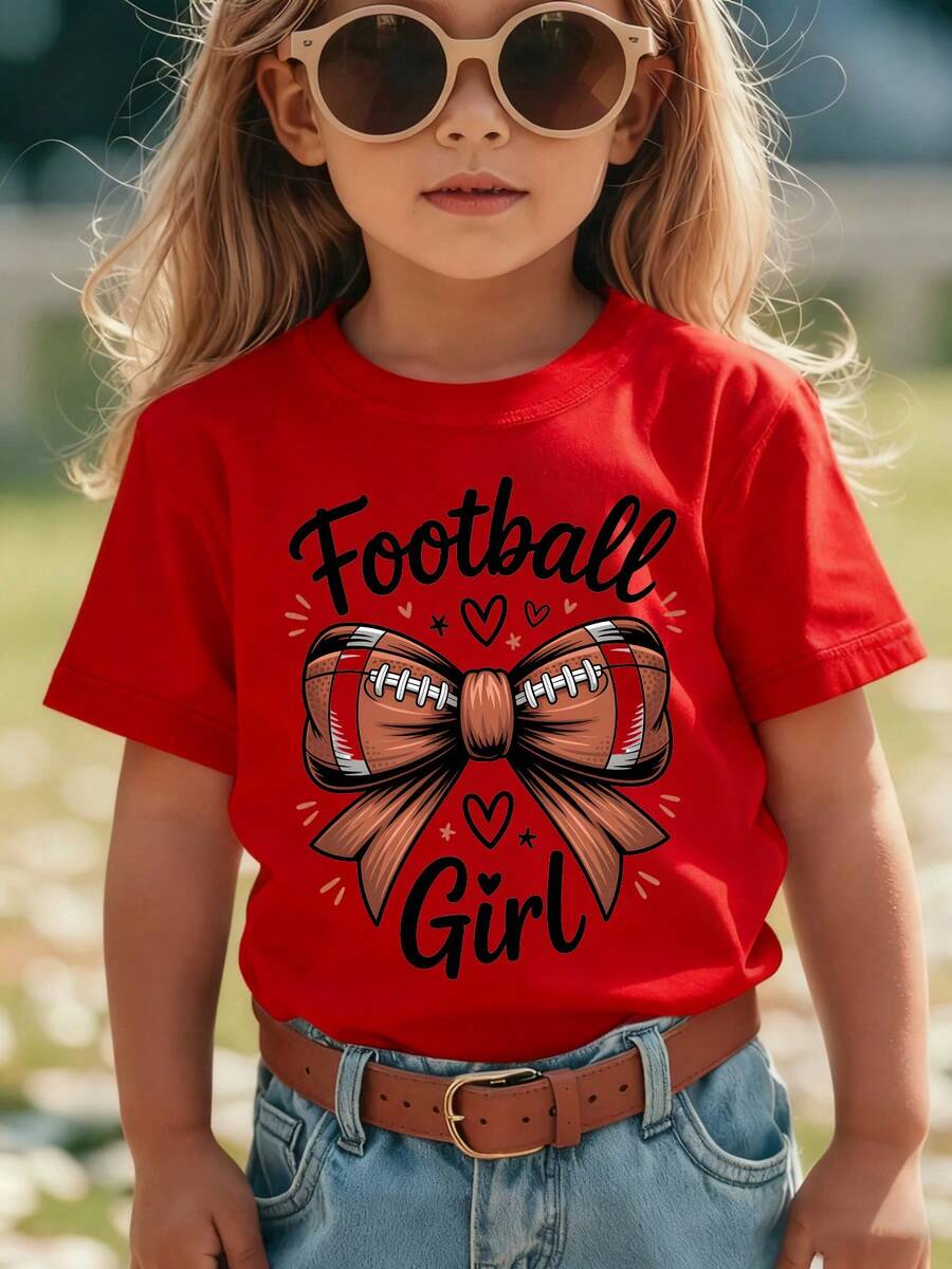 Girls' Short-Sleeved T-Shirt, Summer Style, With "Football Girl" Inscription, Rugby , Bow Print, Versatile Casual Top NY-DX9381 - Red - View 1