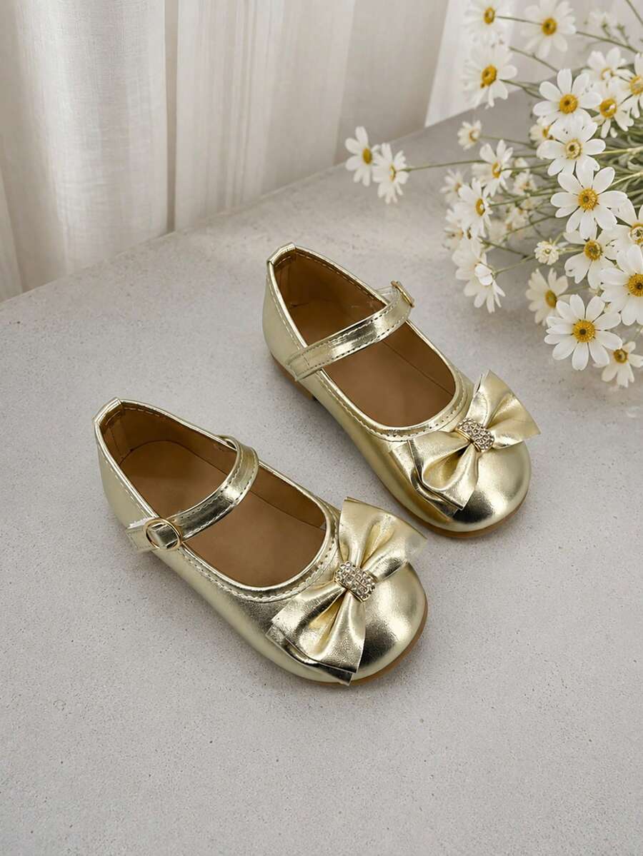 Girls Mary Jane Shoes Buckle Strap Bow Decor Easy Wear Flats - Gold - View 1
