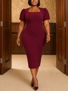 1pc Elegant Solid Color Asymmetric/Asymmetrical Midi Knit Dress, Office/Home/Casual/Night Wear, Spring/Summer - Burgundy - View 1