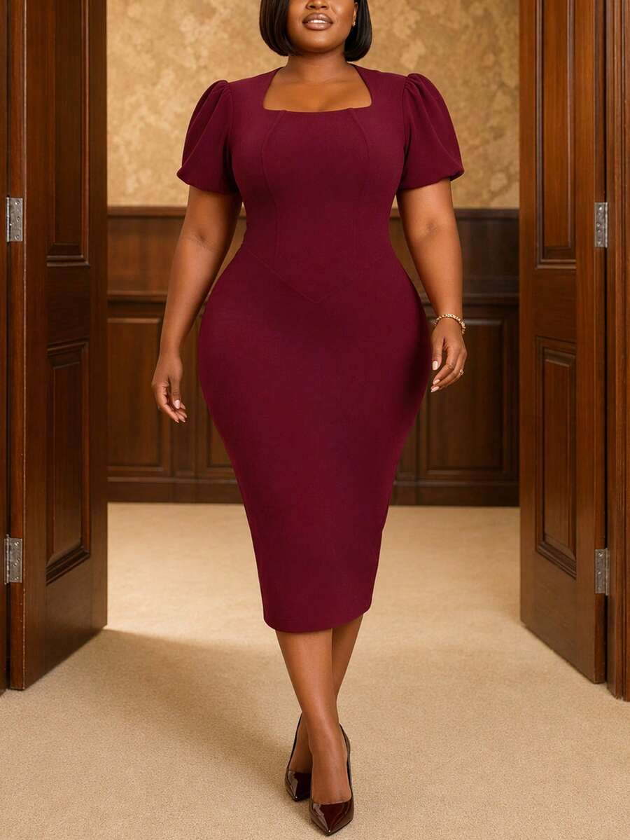 1pc Elegant Solid Color Asymmetric/Asymmetrical Midi Knit Dress, Office/Home/Casual/Night Wear, Spring/Summer - Burgundy - View 1