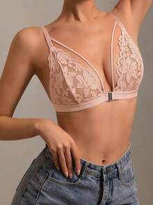 1pc Wireless Lace Front Closure Bra For Women - Pink - View 5