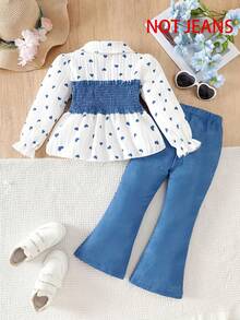 Galaxy Graffiti Autumn Fashion Outfit 4-7 Years Old Girls Set Spring Autumn New Sweet Heart Print Color Block Pleated Waist Long Sleeve Top & Flared Leg Pants Fashionable Stylish Suit Suitable For Daily Casual Weekend Outings Spring Autumn Season Matching - Blue - View 6