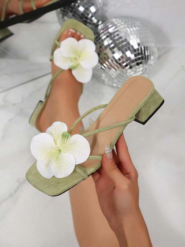 Zapatos de Tacón Alto Elegantes de Estilo Vintage con Decoración Floral de Terciopelo Francés, Punta Abierta, Tacón Grueso, Ideales para Playa, Trabajo, Citas, Versátiles y Encantadores, Zap
