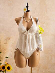 Conjunto de bikini de encaje con cuello halter y volantes para mujer: traje de baño de dos piezas favorecedor para aguas termales - Blanco - Ver 11