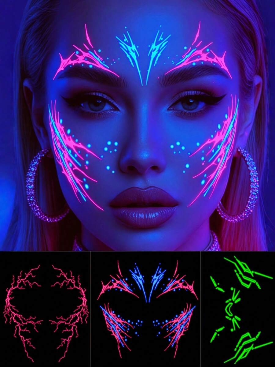 3 Sheets Glow In The Dark Temporary Face Tattoos, Black Light Neon Glow Waterproof Y2K Tattoos Makeup Stickers, For Halloween Neon Party Cosplay Festival Rave Accessories - Multicolor - View 1