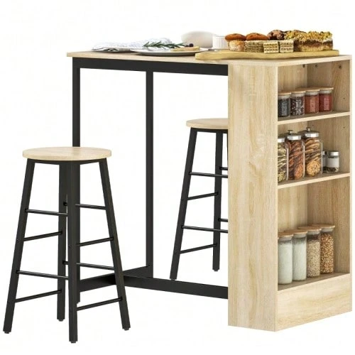 3-Piece Bar Table And Stool Set. Includes A Bar Table With Storage Space, Two Stools, And Footrests. Modern Style, Space-Saving Dining Set For The Dining Room Or Kitchen, Steel And Oak Finish. - Natural Color - View 1