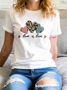 Women's Basic T-Shirt, Round Neck, Short Sleeve, Hearts Graphic Print | Casual Modern Style | Soft Texture | Fortiz - 白色的 - 查看 1