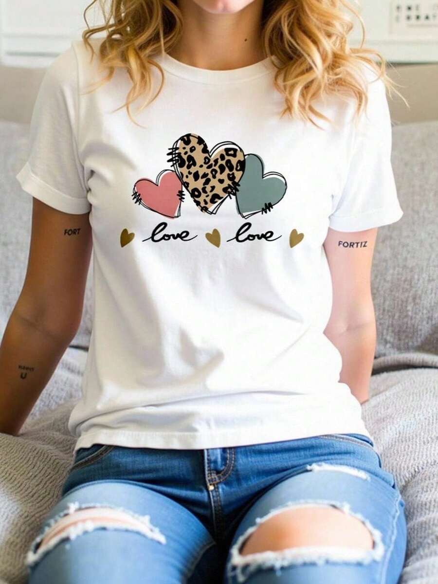 Women's Basic T-Shirt, Round Neck, Short Sleeve, Hearts Graphic Print | Casual Modern Style | Soft Texture | Fortiz - 白色的 - 查看 1