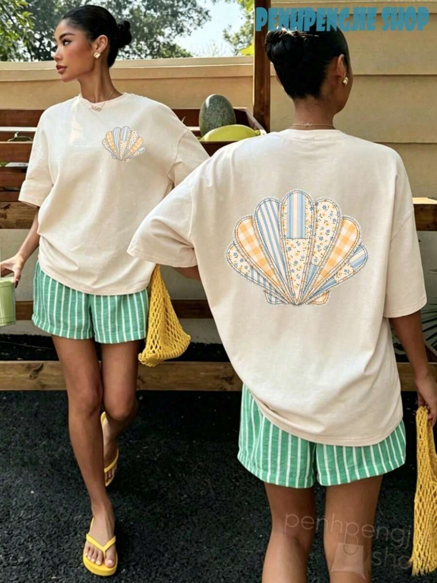 Women's Oversized T-Shirt With Seashell Design, Coastal Style, Casual Summer Tops, Clothing For 4th Of July, Graduation, Teacher's Clothing, Women's Summer Vacation - 杏子 2 - 查看 1