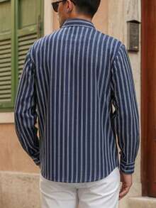 glestore Men's Vintage Style Casual Linen Textured Striped Long Sleeve Shirt, Versatile All-Season Essential - Navy Blue - View 3