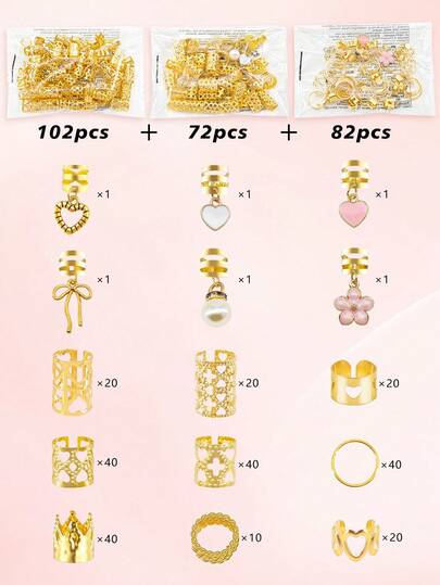 256pcs Pink & White Heart & Pearl Hair Rings – Delicate Adjustable Cuffs, Sweet Bohemian Hair Jewelry For Dreadlocks & Braids