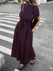 Vestido casual de longitud media con cuello redondo, mangas cortas, cintura con cordón y bolsillo, a rayas para mujer - Multicolor 2 - Ver 1