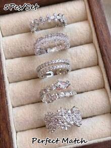 Set Cincin Terbuka Mewah 5 Buah dengan Batu Zirkonia Kubik Super Mengkilap yang Dapat Diatur, Cocok untuk Pemakaian Sehari-hari, Pesta, Hadiah Liburan, Pengantin Pernikahan - Perak - View 1