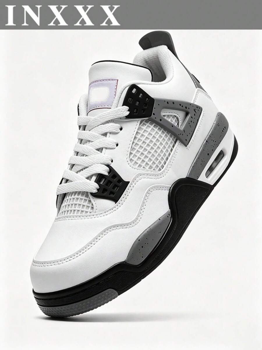 Men's White Grey Black Speckled Street Sneakers, AJ4 Inspired Non-Slip Trainers For Daily Clean Neutral Looks - 白水泥 - 查看 1