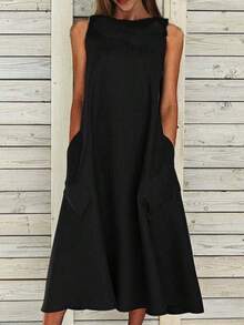 Nuevo vestido estilo europeo y americano de , cuello redondo, sin mangas, vestido largo con doble bolsillo. - Azul - Ver 9