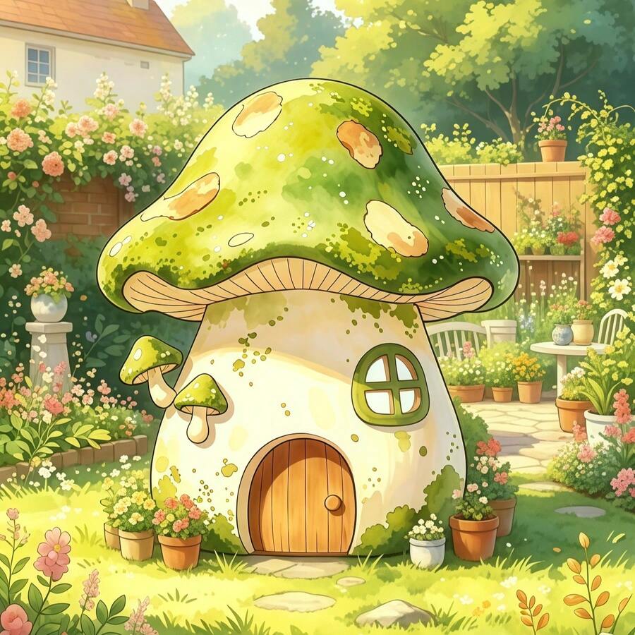 森林童話綠色蘑菇屋壓克力花園插樁,卡通裝飾牌,適用於庭院、小溪、草坪與戶外裝飾 - A - 查看 1