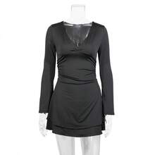 Vestido corto mujer manga larga cuello V parches ajustado cintura entallada estilo europeo-americano - Negro - Ver 4