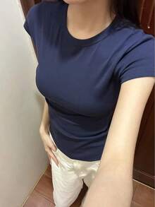Camiseta verano gris mujer cuello redondo manga corta ajustada adelgazante para combinar - Blanco grisáceo - Ver 11