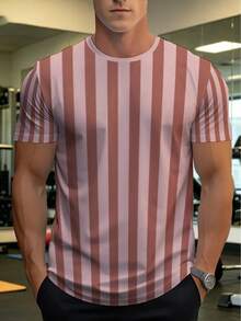 Camiseta deportiva casual de verano de manga corta, diseño a rayas en coral rosa suave, tela ligera de poliéster, ajuste cómodo para gimnasio o uso diario. - Negro - Ver 1