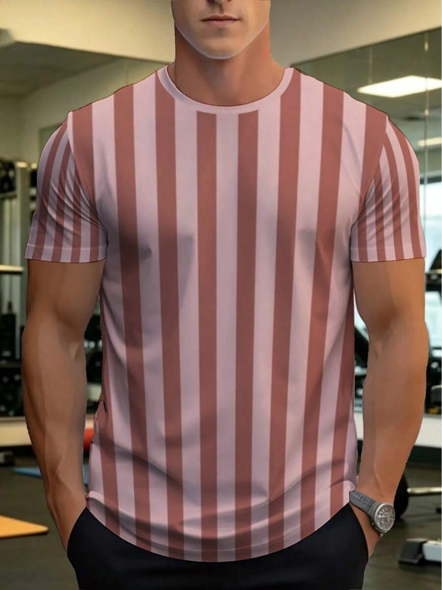 Camiseta deportiva casual de verano de manga corta, diseño a rayas en coral rosa suave, tela ligera de poliéster, ajuste cómodo para gimnasio o uso diario. - Negro - Ver 1