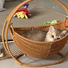 1pc Handmade Woven Cat Hammock, Easy Assembly, Durable And Comfortable Pet Sleeping Swing Basket With Stand Rack, Suitable For Indoor Small To Medium Pets Under 7kg Cats And Puppies, Cozy Home Decor, Brown - one-size - View 2
